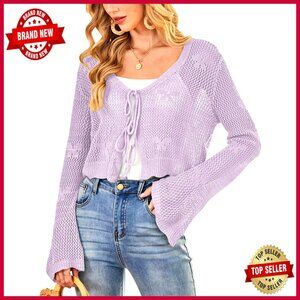 Crochet Tie Front Cardigan Crop Top Bell Sleeve Knit Shrug Cover Up